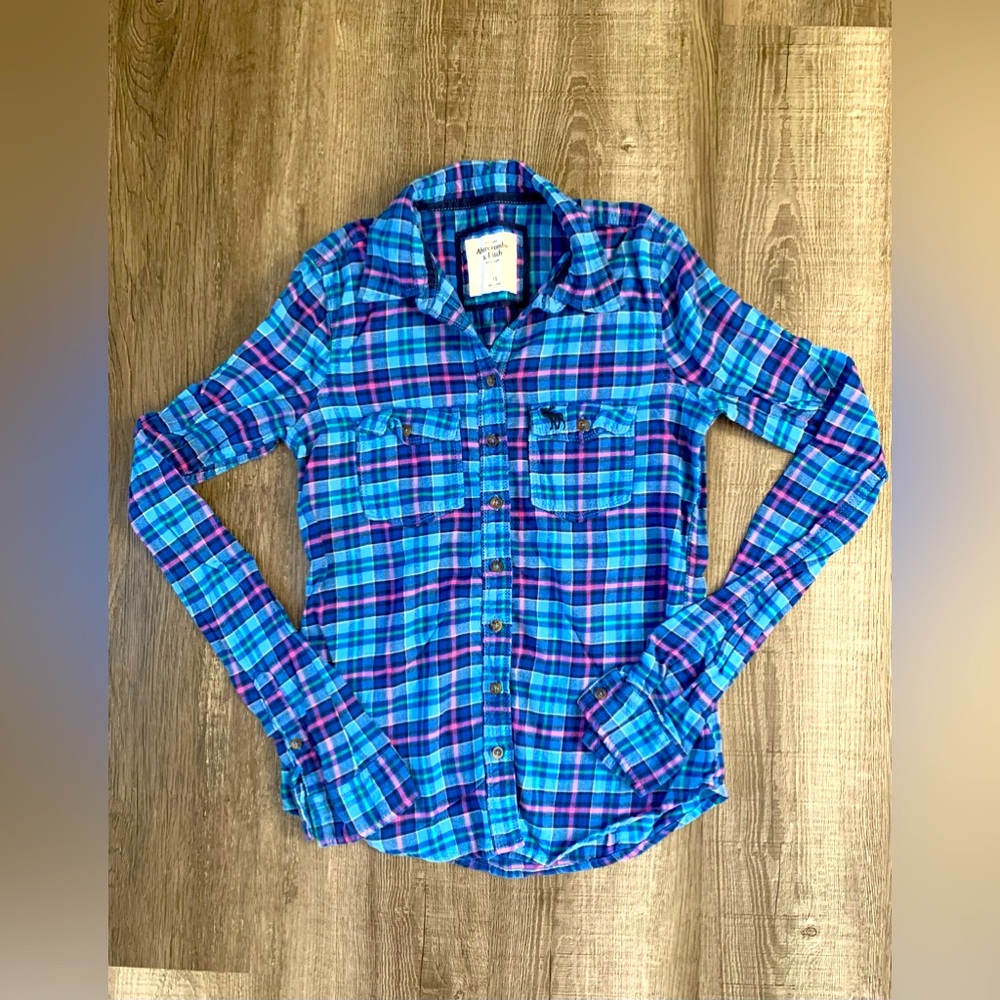 Abercrombie and Fitch Blue Plaid Flannel Shirt Y2K